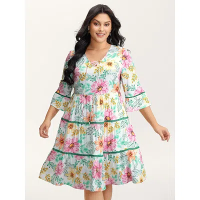 Bloomchic Women's Plus Size Floral Print Neck-tie Tiered Knee Dress Ivory Floral Knee Vacation 10/m In White