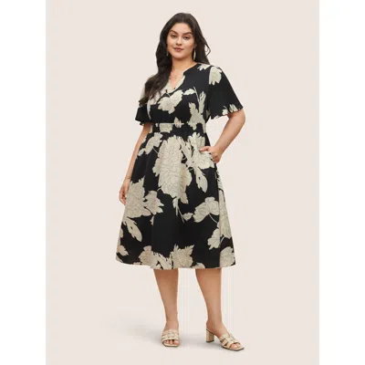 Bloomchic Women's Plus Size Floral Print Notched Belted Flutter Sleeve Dress Black Floral Midi Everyday Non 14