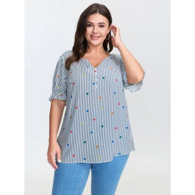 Bloomchic Women's Plus Size Floral Print Notched Collar Blouse Lightblue Stripes Casual Short Sleeve 10/m In Blue