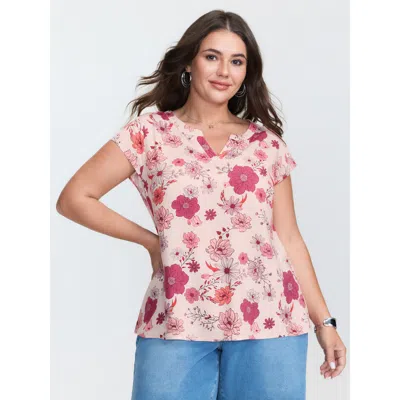 Bloomchic Women's Plus Size Floral Print Notched Collar Blouse Lightpink Floral Casual Cap Sleeve 12/l