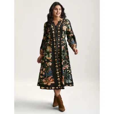 Bloomchic Women's Plus Size Floral Print Notched Collar Elastic Waist Dress Black Floral Midi Vacation Non 30/