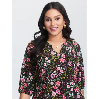Bloomchic Women's Plus Size Floral Print Notched Collar Shirt Black Floral Elegant 3/4 Sleeve V-notch Neck 10/