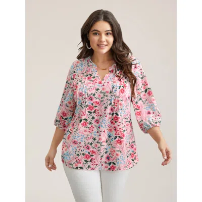 Bloomchic Women's Plus Size Floral Print Notched Collar Shirt Lightpink Floral Elegant 3/4 Sleeve V-notch Neck