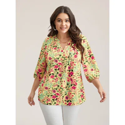 Bloomchic Women's Plus Size Floral Print Notched Collar Shirt Lightyellow Floral Elegant 3/4 Sleeve V-notch Ne