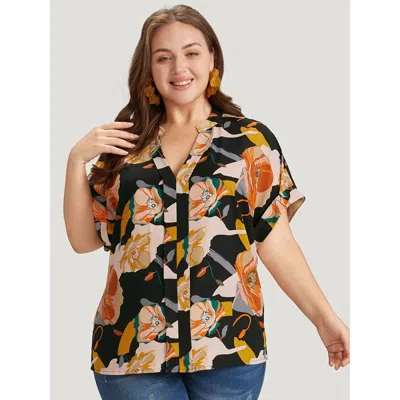 Bloomchic Women's Plus Size Floral Print Notched Cuffed Sleeve Blouse Multicolor Dailywear Short Sleeve 26/4x
