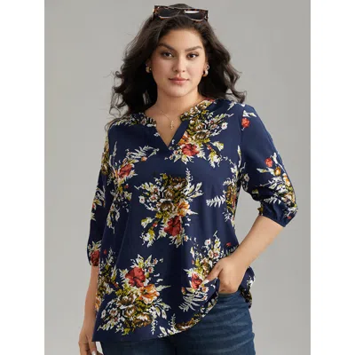 Bloomchic Women's Plus Size Floral Print Notched Elastic Cuffs Blouse Indigo Dailywear 3/4 Sleeve 30/6x In Purple