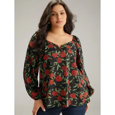 Bloomchic Women's Plus Size Floral Print Notched Lantern Sleeve Blouse Blackflower Dailywear Long Sleeve 30/6x