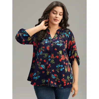 Bloomchic Women's Plus Size Floral Print Notched Tab Sleeve Blouse Indigo Elegant Long Sleeve 18-20/2x In Purple