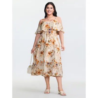 Bloomchic Women's Plus Size Floral Print Off-shoulder Midi Dress Apricot Ditsy Floral Midi Elegant Colorblock  In Orange