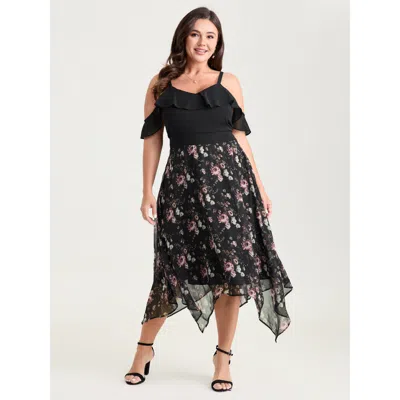 Bloomchic Women's Plus Size Floral Print Off-shoulder Ruffled Midi Dress Black Ditsy Floral Midi Elegant See T