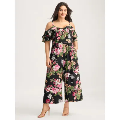 Bloomchic Women's Plus Size Floral Print Off-shoulder Wide-leg Jumpsuit Black Elegant 26/4x