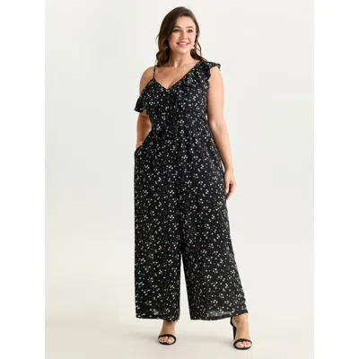 Bloomchic Women's Plus Size Floral Print One-shoulder Ruffled Jumpsuit Blackflower Elegant Fitted 12/l