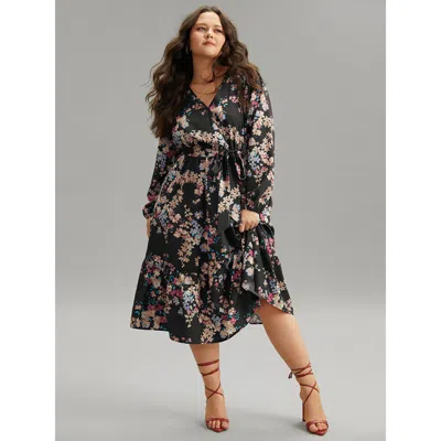 Bloomchic Women's Plus Size Floral Print Overlap Collar Elastic Cuffs Dress Black Dailywear Elastic Cuffs 22-2