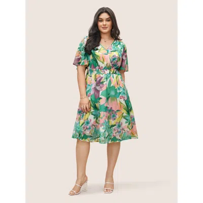 Bloomchic Women's Plus Size Floral Print Overlap Collar Pocket Shirred Dress Green Floral Midi Everyday Non 30