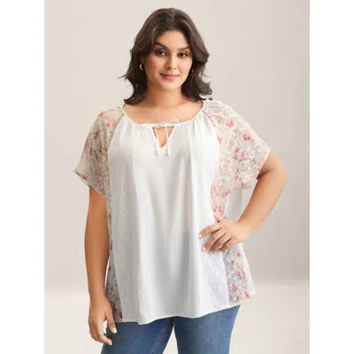 Bloomchic Women's Plus Size Floral Print Panel Sheer Keyhole Blouse Originalwhite Floral Elegant Short Sleeve 