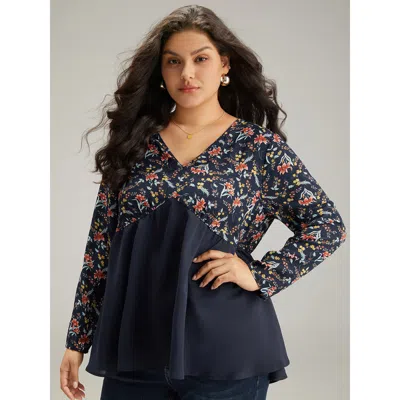 Bloomchic Women's Plus Size Floral Print Patchwork Pleated Blouse Indigo Dailywear Long Sleeve 12/l In Purple