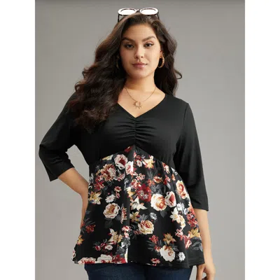 Bloomchic Women's Plus Size Floral Print Patchwork Ruched T-shirt Black 3/4 Sleeve Everyday 14-16/1x