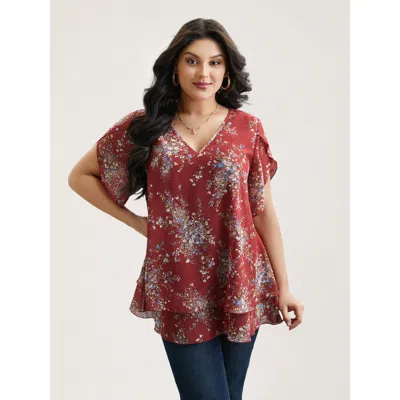 Bloomchic Women's Plus Size Floral Print Petal Sleeve Layered Blouse Scarlet Floral Elegant Half Sleeve 10/m In Red