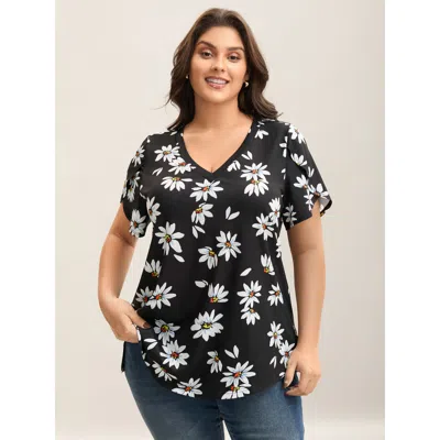 Bloomchic Women's Plus Size Floral Print Petal Sleeve Plain Knit Top Black Short Sleeve Casual V-neck 12/l