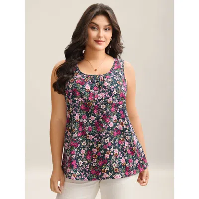 Bloomchic Women's Plus Size Floral Print Pleated Neck Tank Top Midnight Elegant Fit & Flare U-neck 10/m In Blue