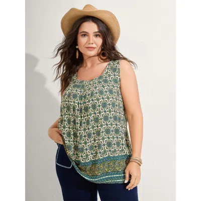 Bloomchic Women's Plus Size Floral Print Pleated Neckline Tank Top Teal Vacation Relaxed Fit Babydoll Square N In Blue