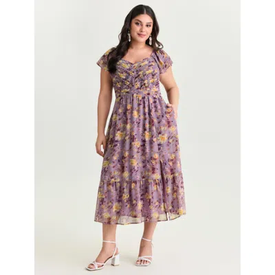 Bloomchic Women's Plus Size Floral Print Pleated Pockets Midi Dress Mauve Floral Tunic Elegant Smocked 22-24/3 In Purple