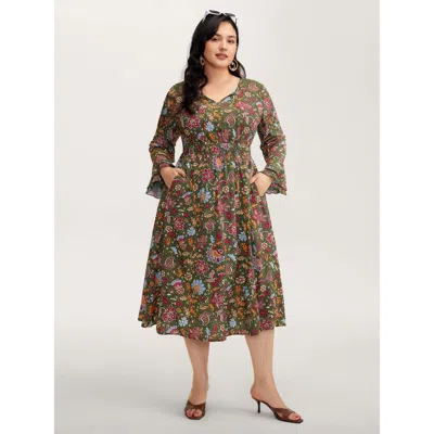 Bloomchic Women's Plus Size Floral Print Pleated Waist Maxi Dress Multicolor Stripes Midi Vacation Tie Knot 10