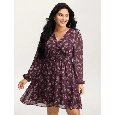 Bloomchic Women's Plus Size Floral Print Pleated Waist Mini Dress Burgundy Floral Short Elegant Ruffles 26/4x