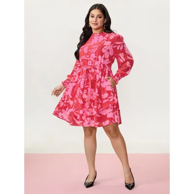 Bloomchic Women's Plus Size Floral Print Pleated Waist Mock Neck Mini Dress Multicolor Floral Mini Elegant Ruc