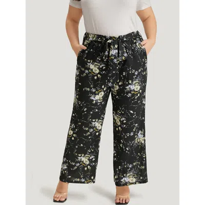 Bloomchic Women's Plus Size Floral Print Pocket Belted Pants Multicolor High Rise Dailywear 10/m