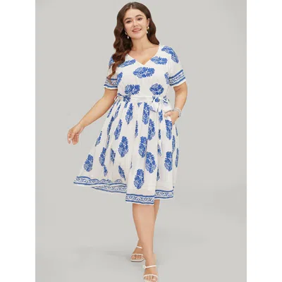 Bloomchic Women's Plus Size Floral Print Pocket Belted Ruffle Hem Knee Dress Blue Dailywear Printed 30/6x