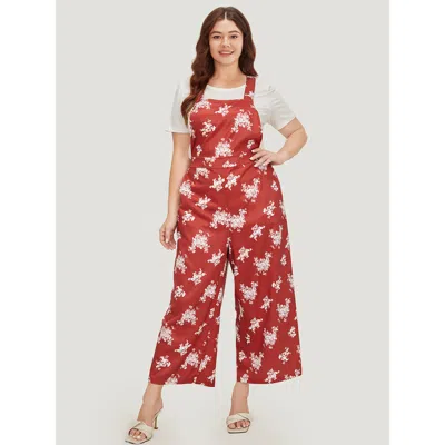 Bloomchic Women's Plus Size Floral Print Pocket Crossover Back Overall Jumpsuit Rust Dailywear 22-24/3x In Brown