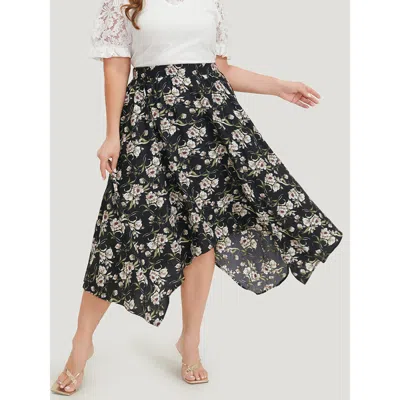 Bloomchic Women's Plus Size Floral Print Pocket Elastic Waist Hanky Hem Skirt Blackflower Printed Dailywear 14