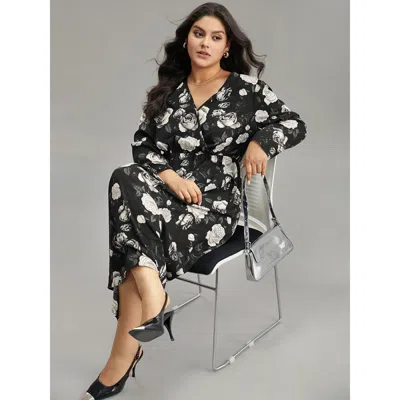 Bloomchic Women's Plus Size Floral Print Pocket Elastic Waist Wrap Dress Black Office Wrap / Overlap 22-24/3x