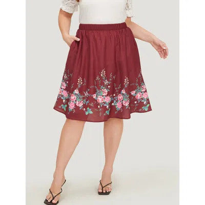 Bloomchic Women's Plus Size Floral Print Pocket Flutter Hem Skirt Burgundy Printed Dailywear 10/m