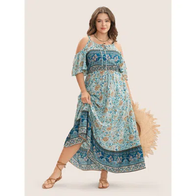 Bloomchic Women's Plus Size Floral Print Pocket Keyhole Ruffles Cold Shoulder Maxi Dress Emerald Floral Maxi V In Green