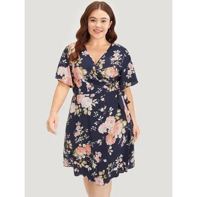 Bloomchic Women's Plus Size Floral Print Pocket Knot Ruffle Sleeve Wrap Dress Darkblue Dailywear Wrap / Overla In Blue