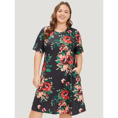 Bloomchic Women's Plus Size Floral Print Pocket Midi Dress Black Dailywear Pocket 10/m