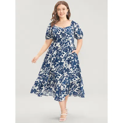 Bloomchic Women's Plus Size Floral Print Pocket Puff Sleeve Ruched Pocket Ruffle Hem Dress Darkblue Dailywear  In Blue