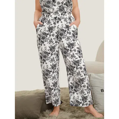 Bloomchic Women's Plus Size Floral Print Pocket Shirred Waist Pajama Bottoms White Pocket 14-16/1x