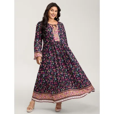 Bloomchic Women's Plus Size Floral Print Pockets Adjustable Neckline Maxi Dress Darkblue Bohemian Print Maxi V In Blue