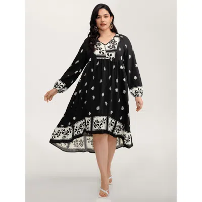 Bloomchic Women's Plus Size Floral Print Pockets A-line Flowy Midi Dress Black Bohemian Print Midi Vacation Ti