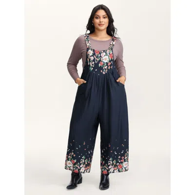 Bloomchic Women's Plus Size Floral Print Pockets Casual Jumpsuit Darkblue Casual 14-16/1x In Blue