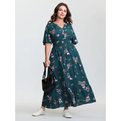 Bloomchic Women's Plus Size Floral Print Pockets Notched Collar Maxi Dress Teal Floral Maxi Casual Smocked 12/ In Blue