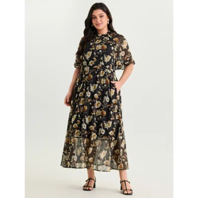 Bloomchic Women's Plus Size Floral Print Pockets Shirred Mock Neck Maxi Dress Blackflower Floral Tunic Party 1