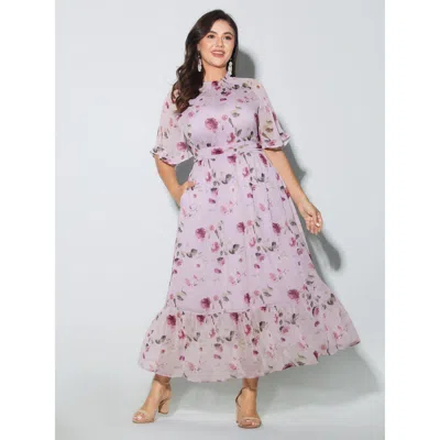 Bloomchic Women's Plus Size Floral Print Pockets Shirred Mock Neck Maxi Dress Lilac Floral Tunic Party 18-20/2 In Purple