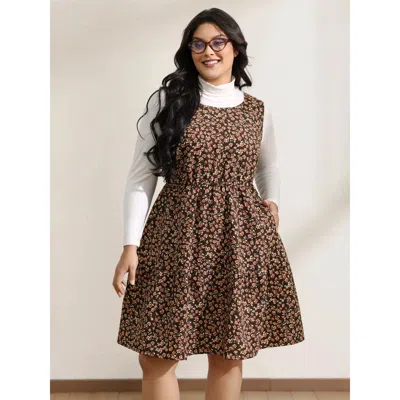 Bloomchic Women's Plus Size Floral Print Pockets Sleeveless Mini Dress Browncoffeecolor Ditsy Floral Mini Casu