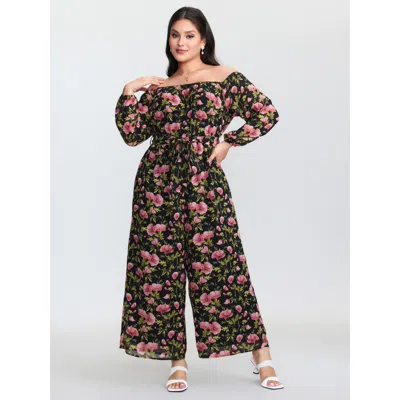 Bloomchic Women's Plus Size Floral Print Pockets Stretchy Waist Jumpsuit Blackflower Elegant 10/m