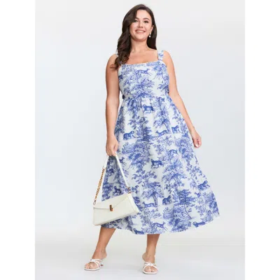 Bloomchic Women's Plus Size Floral Print Pockets Stretchy Waist Midi Dress Skyblue Animal Motif Midi Elegant C In Blue