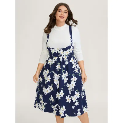 Bloomchic Women's Plus Size Floral Print Pockets Suspender Skirt Midi Dress Darkblue Floral Midi Elegant 30/6x In Blue